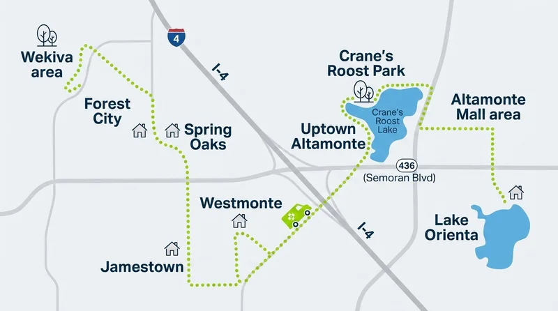 Map of Altamonte Springs neighborhoods served by Orlando Mobile Vet including Spring Oaks, Crane's Roost, and Forest City