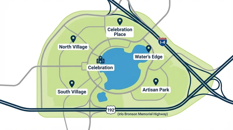 Map of Celebration neighborhoods served by Orlando Mobile Vet including North Village, South Village, and Artisan Park