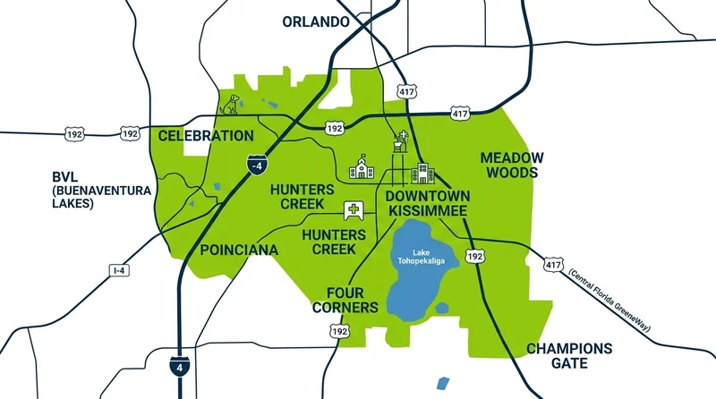 Map of Kissimmee neighborhoods served by Orlando Mobile Vet including Celebration, BVL, Poinciana, and Hunters Creek