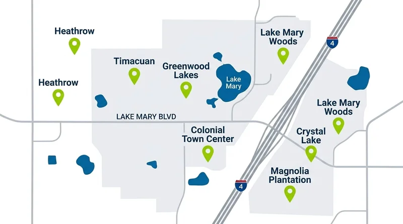 Map of Lake Mary neighborhoods served by Orlando Mobile Vet including Heathrow, Timacuan, and Greenwood Lakes