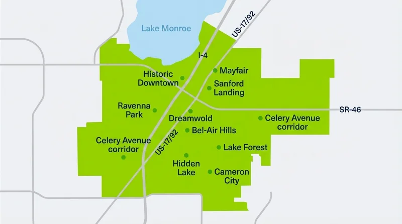 Map of Sanford neighborhoods served by Orlando Mobile Vet including Historic Downtown, Mayfair, and Ravenna Park