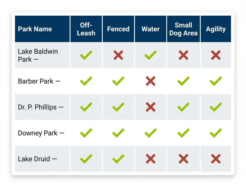 Comparison infographic showing key features of top 5 Orlando dog parks including off-leash access, fencing, water, small dog areas, and agility equipment