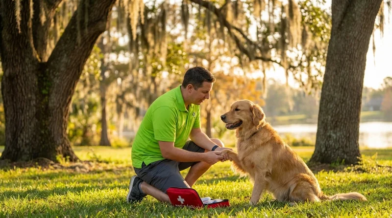Veterinarian in green polo examining a dog's paw at a park with a first aid kit nearby