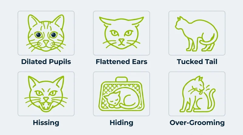 Six common signs of cat anxiety at the vet including dilated pupils, flattened ears, and hiding