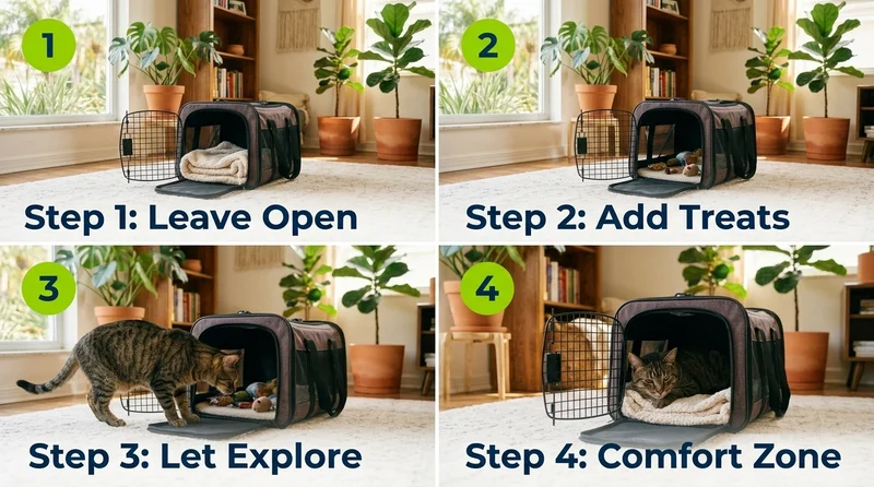 Four-step carrier training process for cats showing gradual desensitization