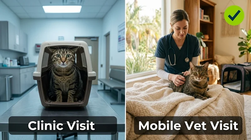 Side-by-side comparison of stressed cat at clinic versus calm cat during mobile vet visit at home