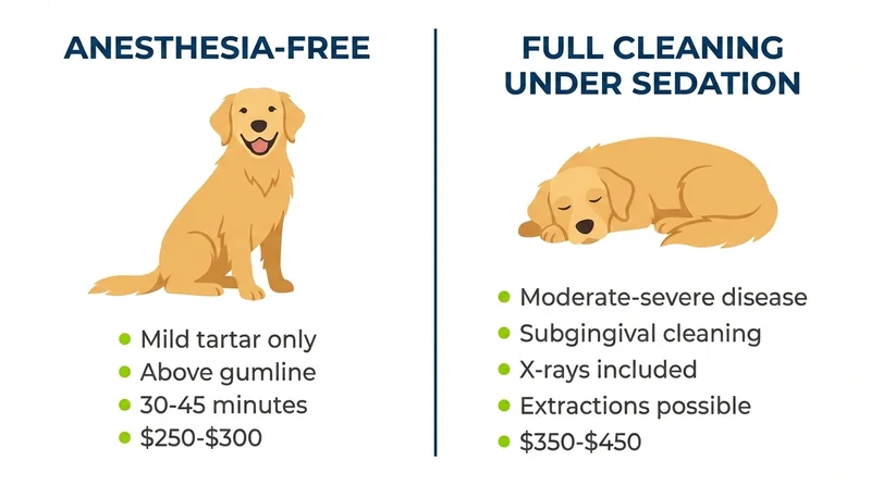 Side-by-side comparison of anesthesia-free versus sedated dog dental cleaning showing procedures, duration, and costs