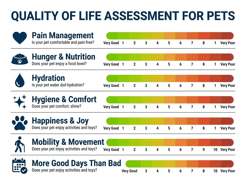 Quality of life assessment scale for pets with seven categories: pain, hunger, hydration, hygiene, happiness, mobility, and good days vs bad days