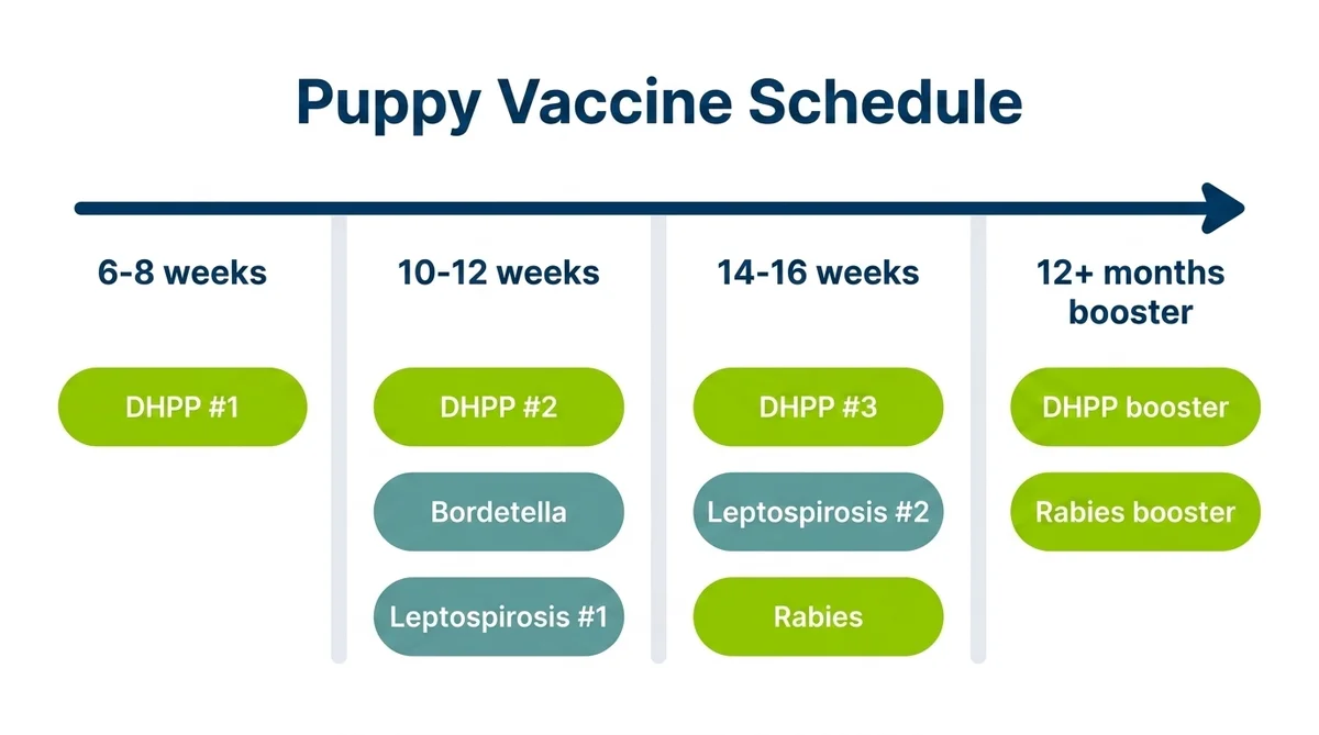 Puppy vaccine schedule timeline showing DHPP and rabies doses at 6-8 weeks, 10-12 weeks, 14-16 weeks, and 12+ month booster with core vaccines in green and lifestyle vaccines in teal