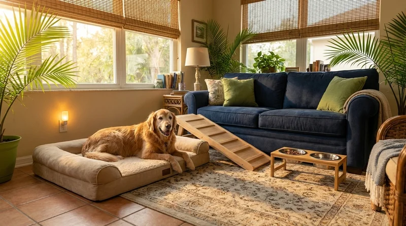 Senior dog home setup with orthopedic bed, ramp, elevated bowls, and nightlight