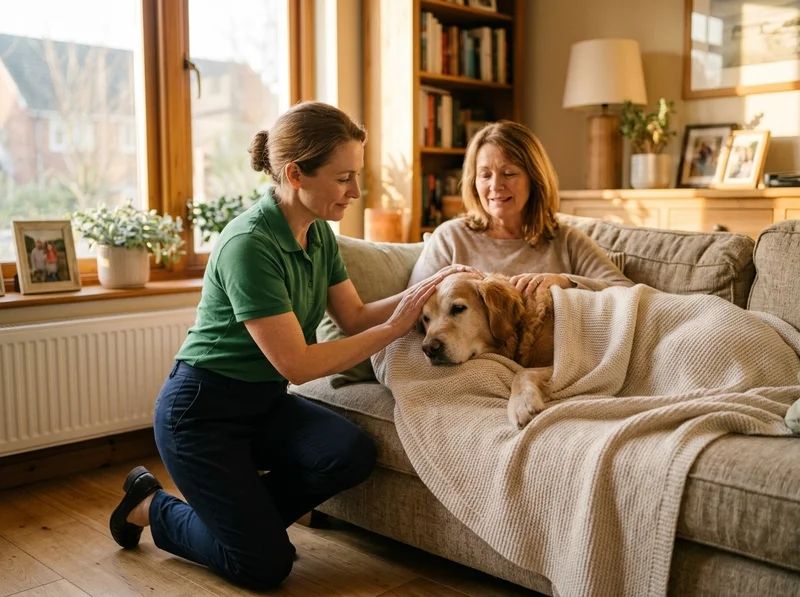 Female veterinarian in a green polo kneeling on a living room floor, gently petting an elderly Labrador while the pet's owner sits nearby