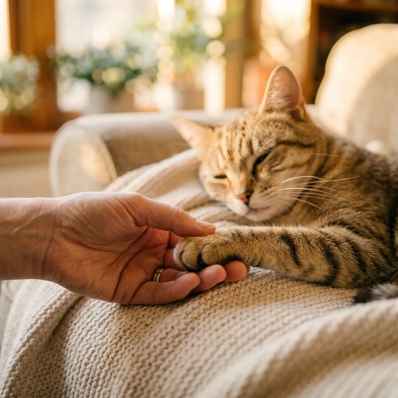 Close-up of veterinarian's hands gently holding a tabby cat's paw on a soft cream blanket, warm lighting
