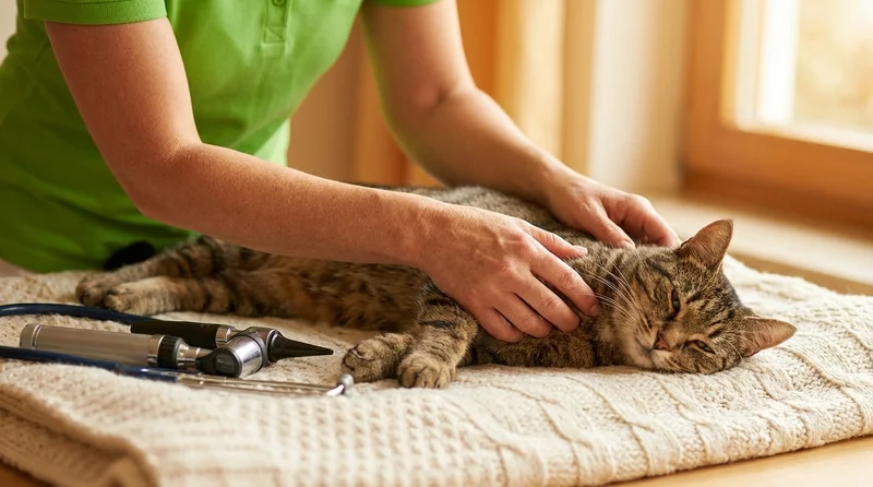 Female veterinarian in a green polo kneeling on a living room floor, gently examining a golden retriever while holding a tablet showing a price estimate, with the pet owner smiling nearby