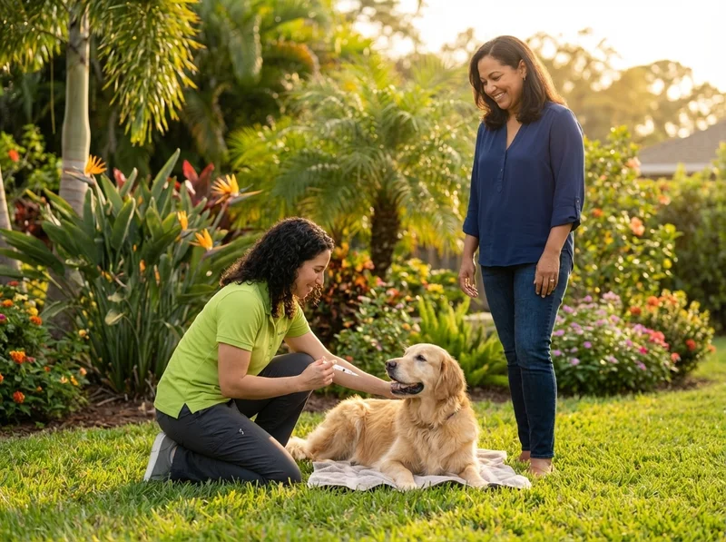 A veterinarian in scrubs kneeling next to a senior dog in a backyard, preparing to administer a vaccine, with the dog owner watching nearby in a sunny Florida setting
