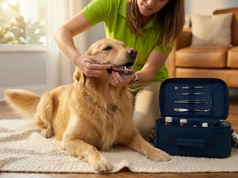 Veterinarian in a green polo kneeling on a living room floor, gently examining a golden retriever's teeth with dental tools while the dog rests on a blanket