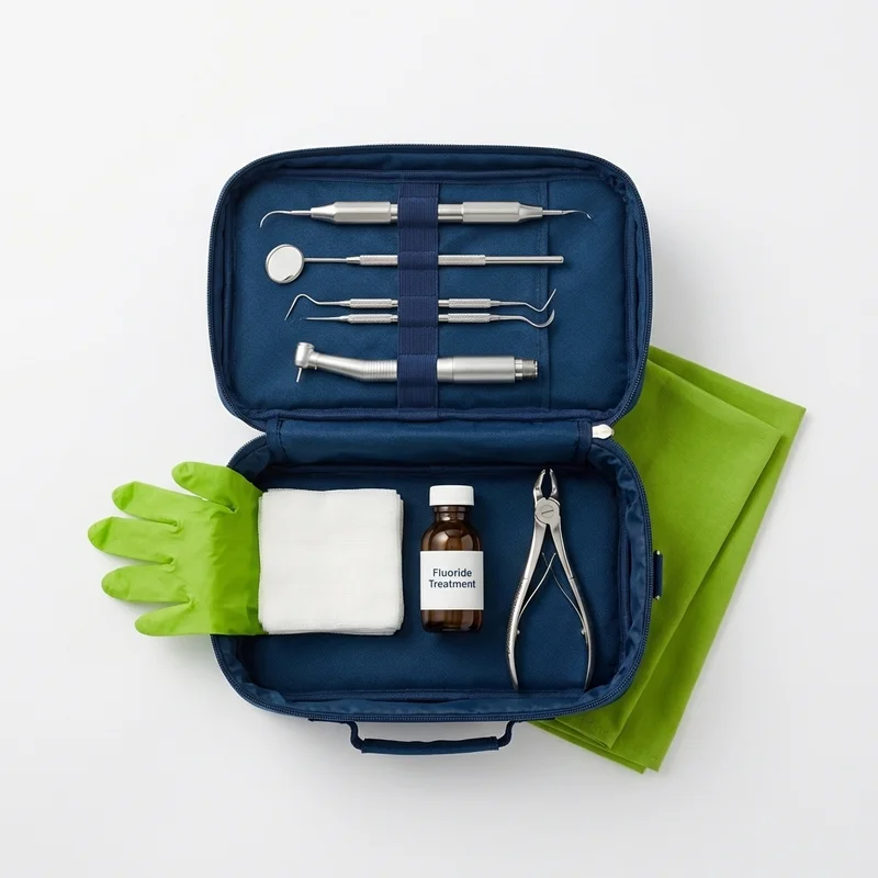 Flat-lay photograph of a portable veterinary dental kit on a white surface showing ultrasonic scaler, dental mirror, probes, polishing handpiece, and gauze