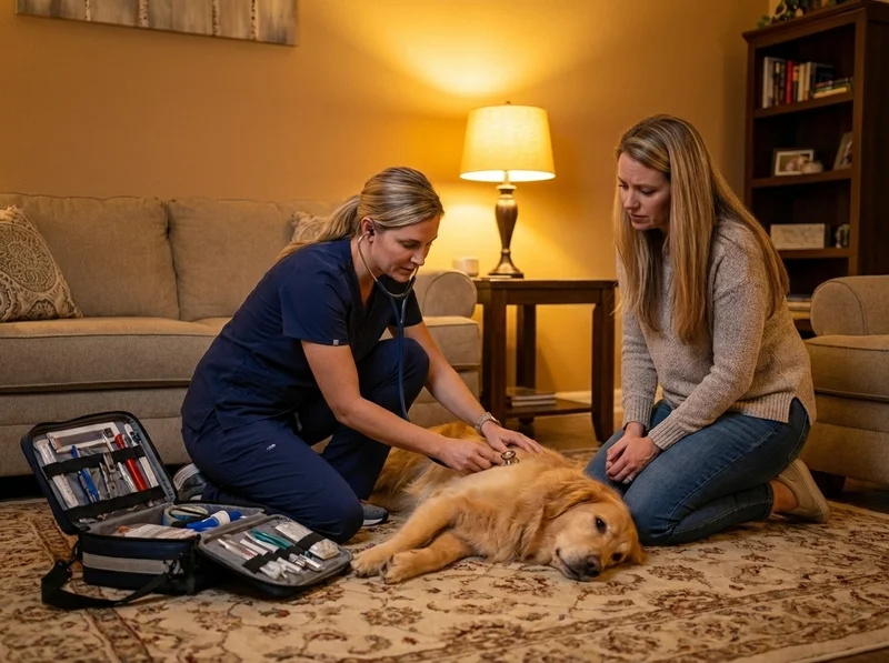 Female veterinarian in scrubs kneeling on a living room floor, gently examining a dog while the concerned owner kneels nearby