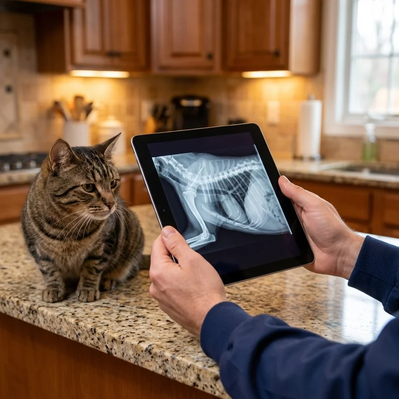 Veterinarian using portable diagnostic tablet to review pet X-ray results in a home kitchen