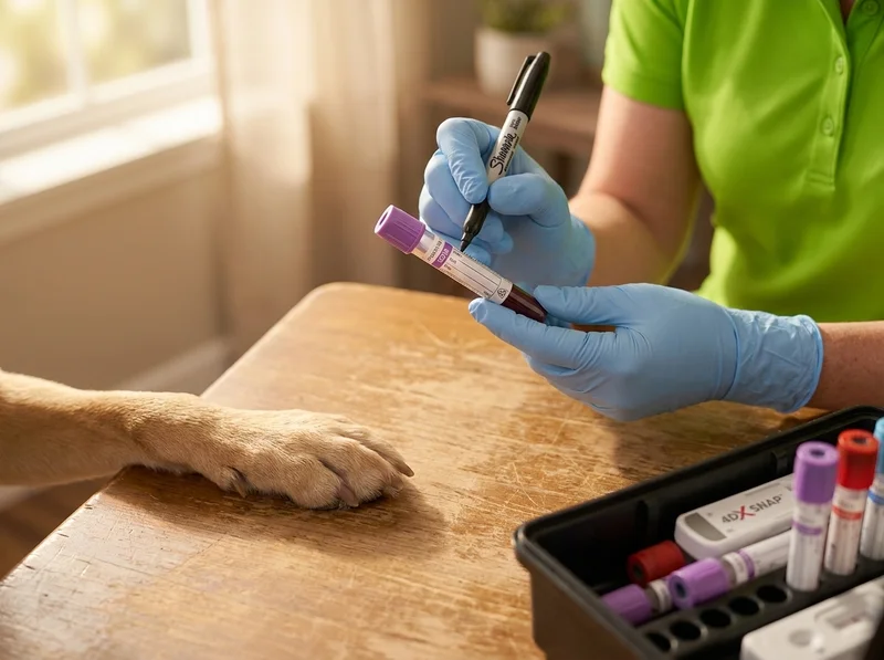 Vet's gloved hands holding a purple-cap EDTA blood collection tube and labeling it with a permanent marker at a client's kitchen table, with the patient dog's paw resting nearby, before the sample ships to an outside reference lab
