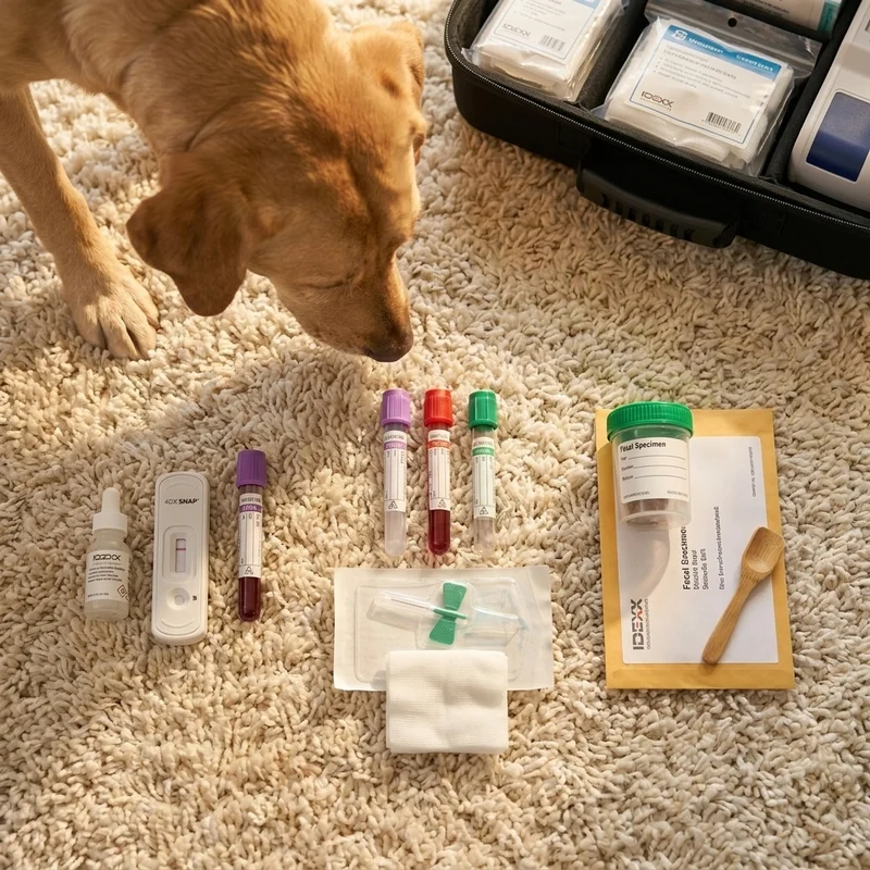 Three lab samples — purple-cap EDTA tube, fecal collection container, and IDEXX 4DX SNAP test cassette — staged on a beige living-room rug beside a portable mobile-vet lab kit, with a calm dog's paw resting in the corner of the frame