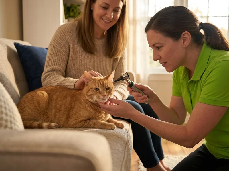 Female veterinarian in a green polo sitting on the floor beside a sofa, gently checking an orange tabby cat's ear with an otoscope while the owner watches from the couch, no carrier in sight