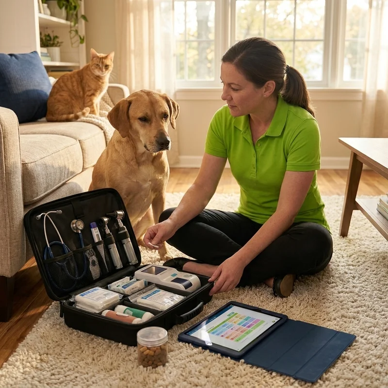 Female veterinarian in a green polo sitting cross-legged on a living room rug next to an open mobile vet urgent-care kit with stethoscope, otoscope, thermometer, sterile gauze, portable lab analyzer, and a digital tablet showing a pet health record, with a calm dog sitting attentively beside her