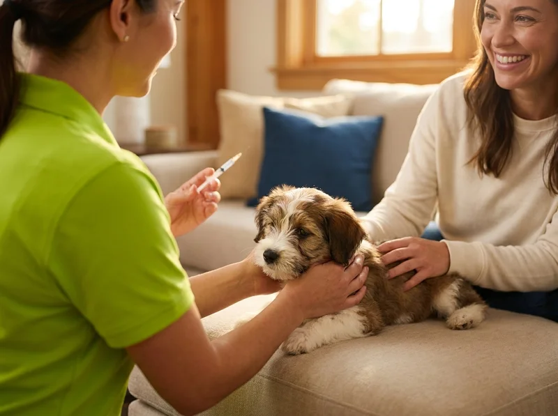Veterinarian in a green polo gently holding a small puppy on a family couch while the owner sits beside, smiling and stroking the puppy's back
