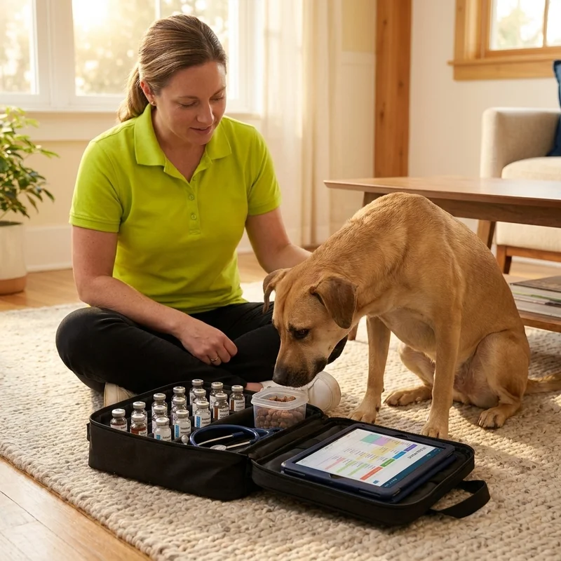 Veterinarian sitting on a living room rug next to an open mobile vet kit with labeled vaccine vials, a digital tablet showing a pet health record, and a stethoscope, with a calm dog sniffing the supplies