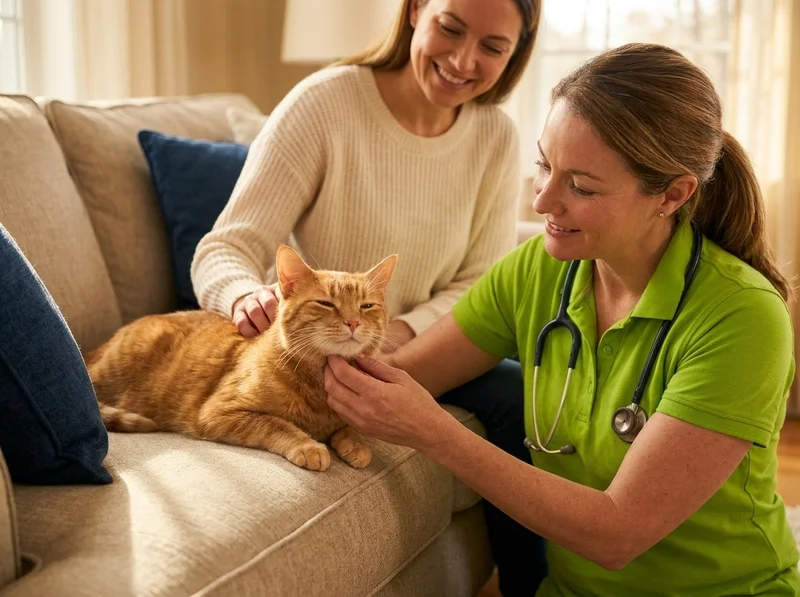 Female veterinarian in a green polo sitting on the floor beside a sofa, gently checking an orange tabby cat under the chin while the owner watches from the couch, no carrier in sight