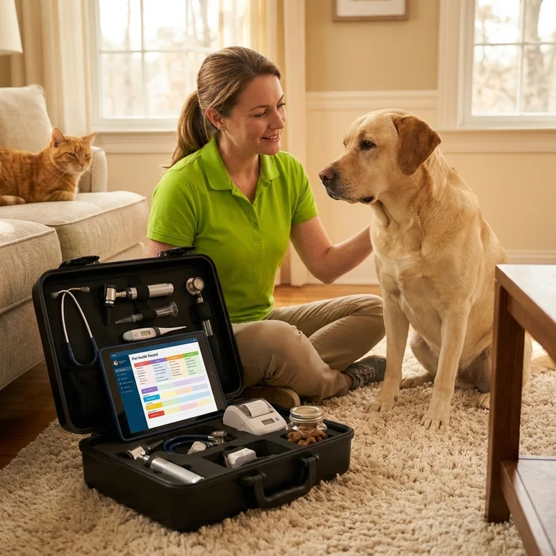 Female veterinarian in a green polo sitting cross-legged on a living room rug next to an open mobile vet kit with stethoscope, otoscope, thermometer, digital tablet showing a pet health record, and a treat jar, with a calm dog sitting attentively beside her