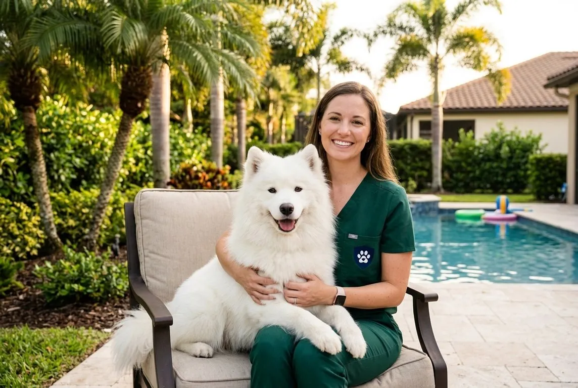 Vet holding dog